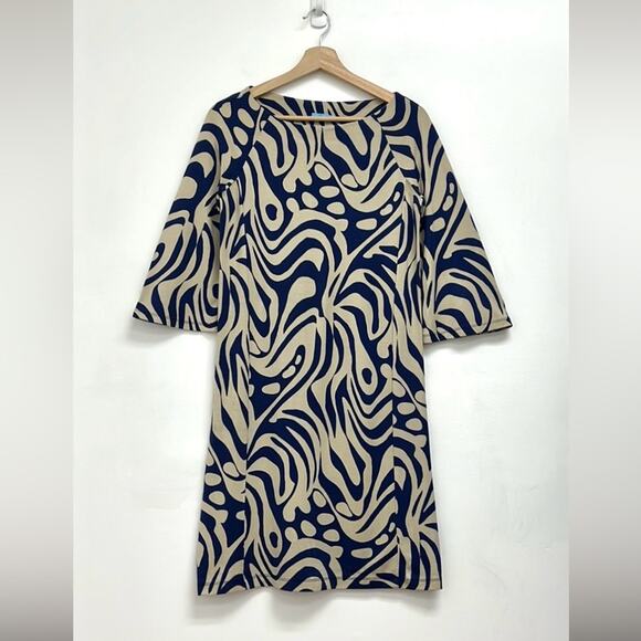 J. McLaughlin Campbell Boat Neck 3/4 Bell Sleeve  Preppy Retro Print Dress XS - Picture 1 of 13